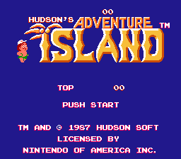 Титульный экран первой Hudson’s Adventure Island для NES. В этой игре ещё нет ездовых динозавров.